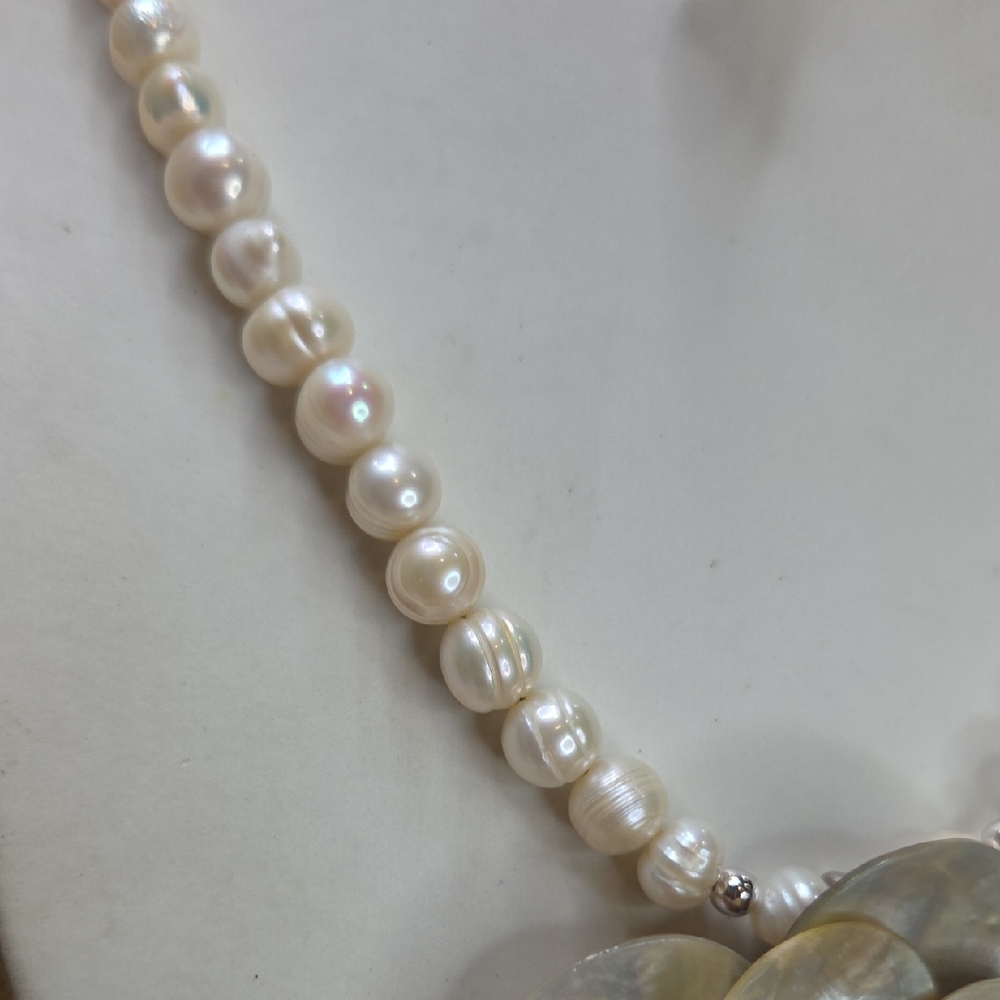 Freshwater Pearl Necklace, Flower MOP Pendant and Earring Set - Picture 5 of 9